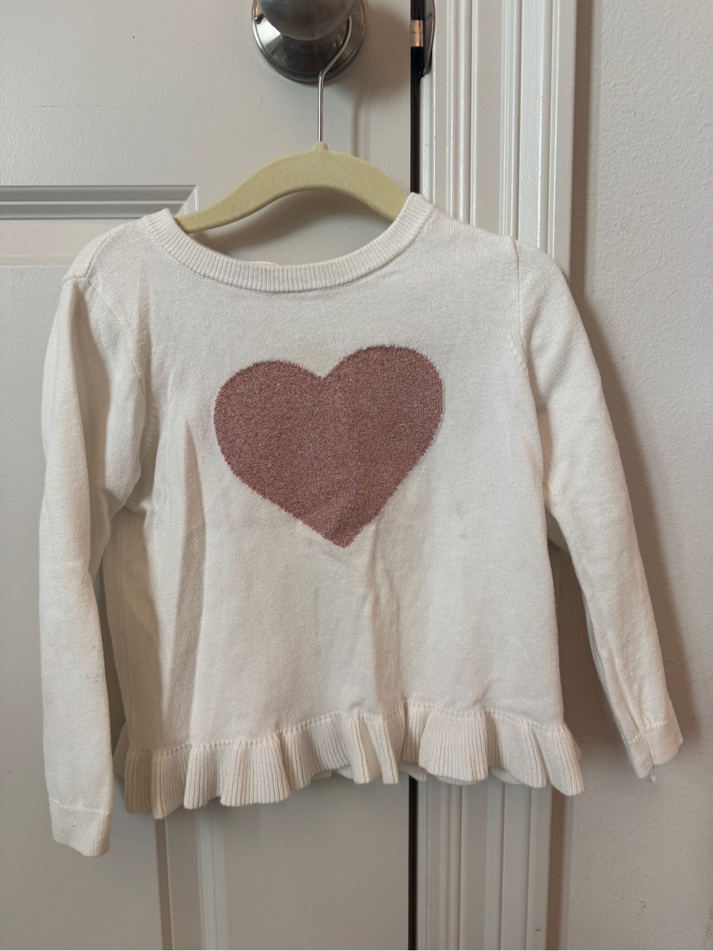 Crewcuts Cream Ruffle-Hem Sweater with Mauve Heart